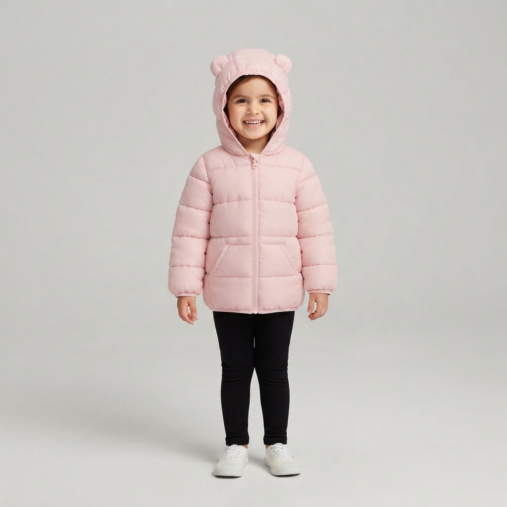 Niña vistiendo chaqueta acolchada rosa EmpiBy con capucha y orejitas decorativas para mayor calidez y estilo