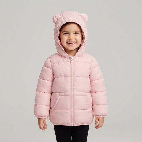 Niña sonriente vistiendo chaqueta acolchada rosa EmpiBy con capucha y orejitas decorativas para bebé