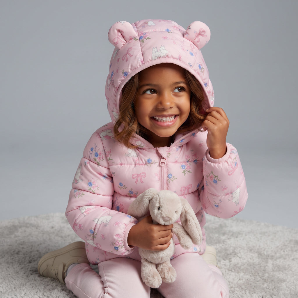 Niña sonriente con chaqueta acolchada rosa EmpiBy con estampado floral, lazos y capucha con orejas de osito