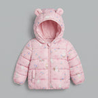 Chaqueta acolchada rosa EmpiBy con estampado floral, lazos y capucha con orejas de osito para niña