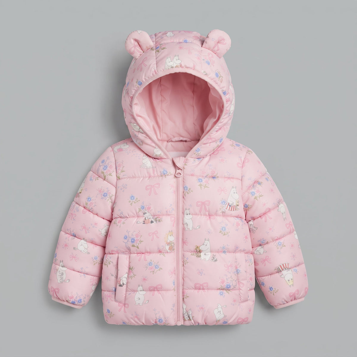 Chaqueta acolchada rosa EmpiBy con estampado floral, lazos y capucha con orejas de osito para niña
