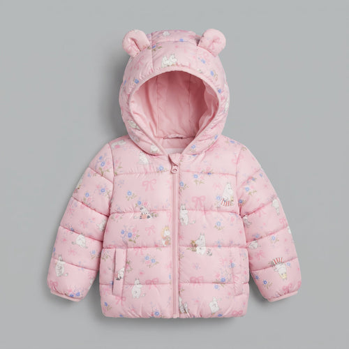 Chaqueta acolchada rosa EmpiBy con estampado floral, lazos y capucha con orejas de osito para niña
