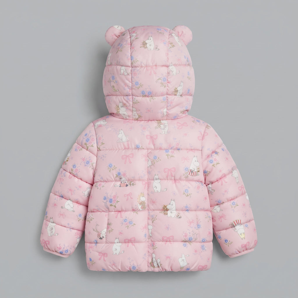 Chaqueta acolchada rosa EmpiBy con estampado floral, lazos y capucha con orejas de osito para niña