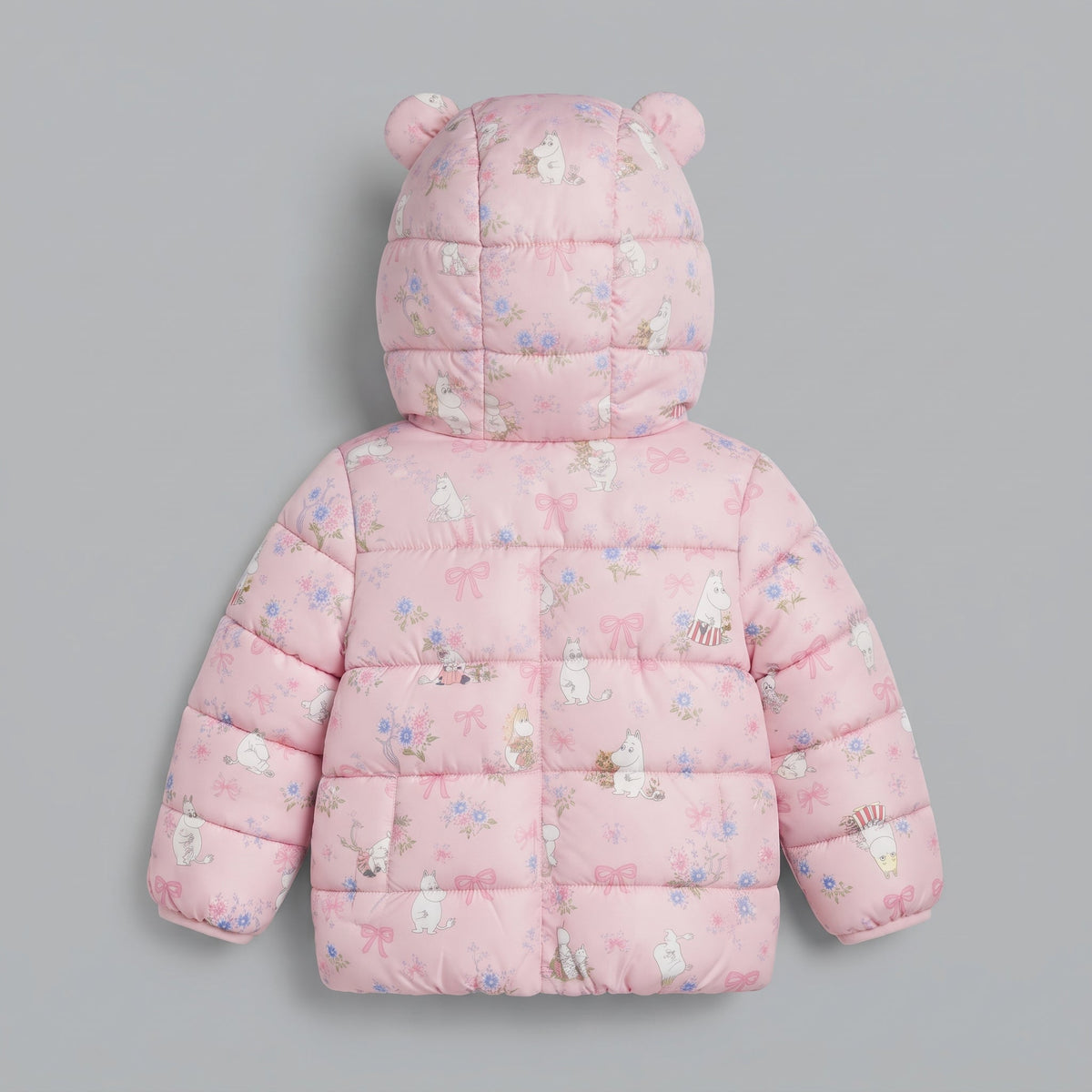 Chaqueta acolchada rosa EmpiBy con estampado floral, lazos y capucha con orejas de osito para niña