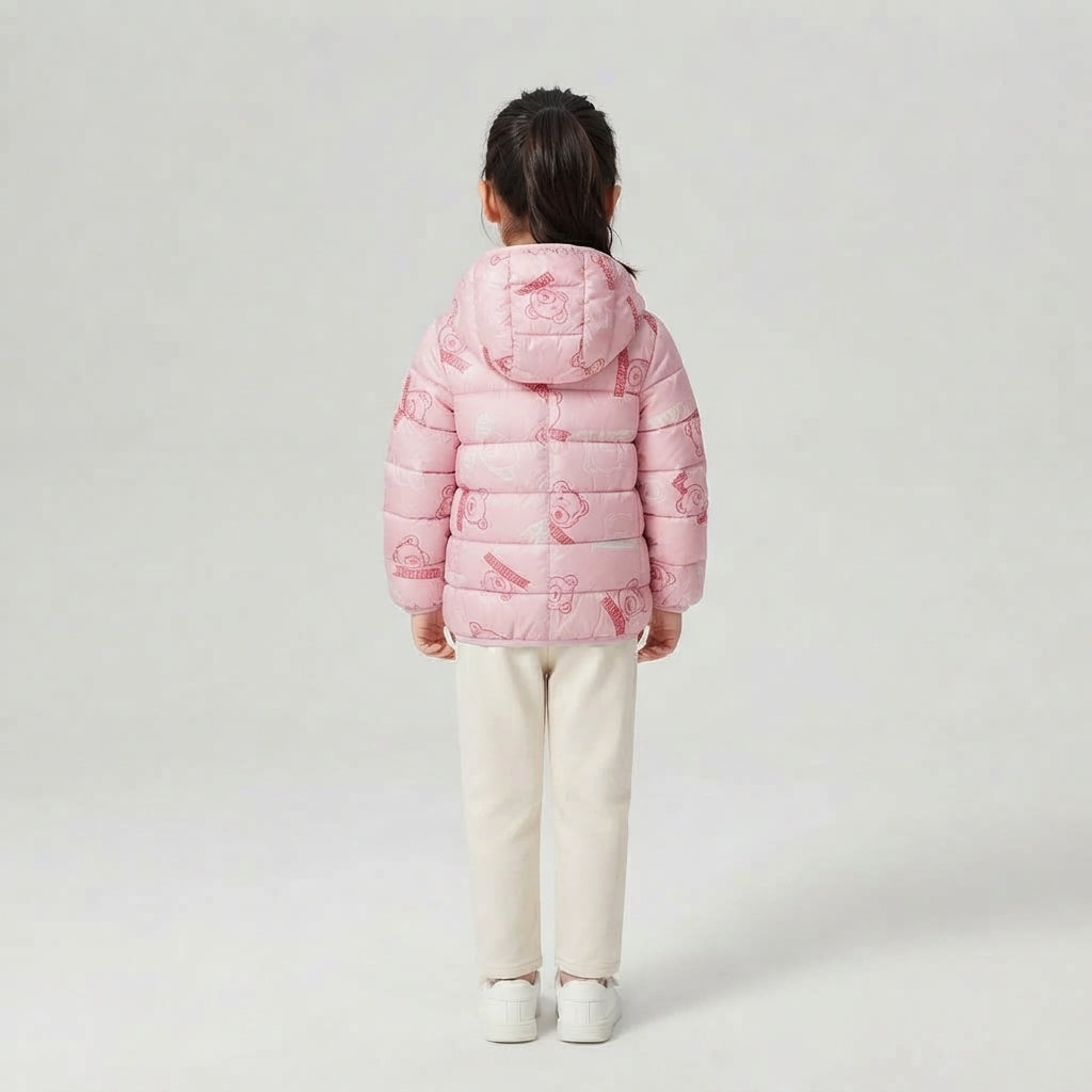 Chaqueta acolchada ligera EmpiBy para bebé niña en color rosa con estampado de ositos y capucha, vista trasera