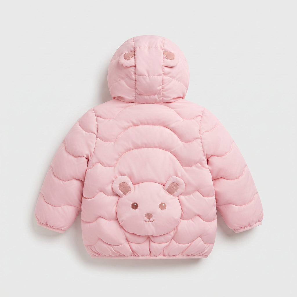 Chaqueta acolchada EmpiBy rosa suave con capucha y detalle de carita de oso en la espalda para niña