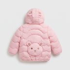 Chaqueta acolchada EmpiBy rosa suave con capucha y detalle de carita de oso en la espalda para niña