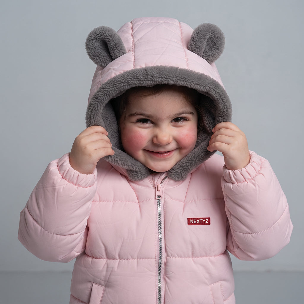 Niña sonriente vistiendo la chaqueta acolchada rosa EmpiBy con capucha de orejas de oso y forro de peluche gris