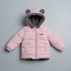 Chaqueta acolchada rosa EmpiBy con capucha y orejas de oso, forro interior gris suave y cierre de cremallera.