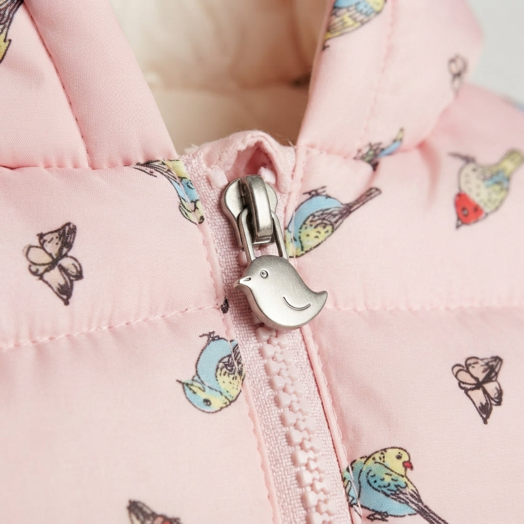Detalle de cremallera con tirador de pajarito en chaqueta acolchada rosa EmpiBy con estampado de aves
