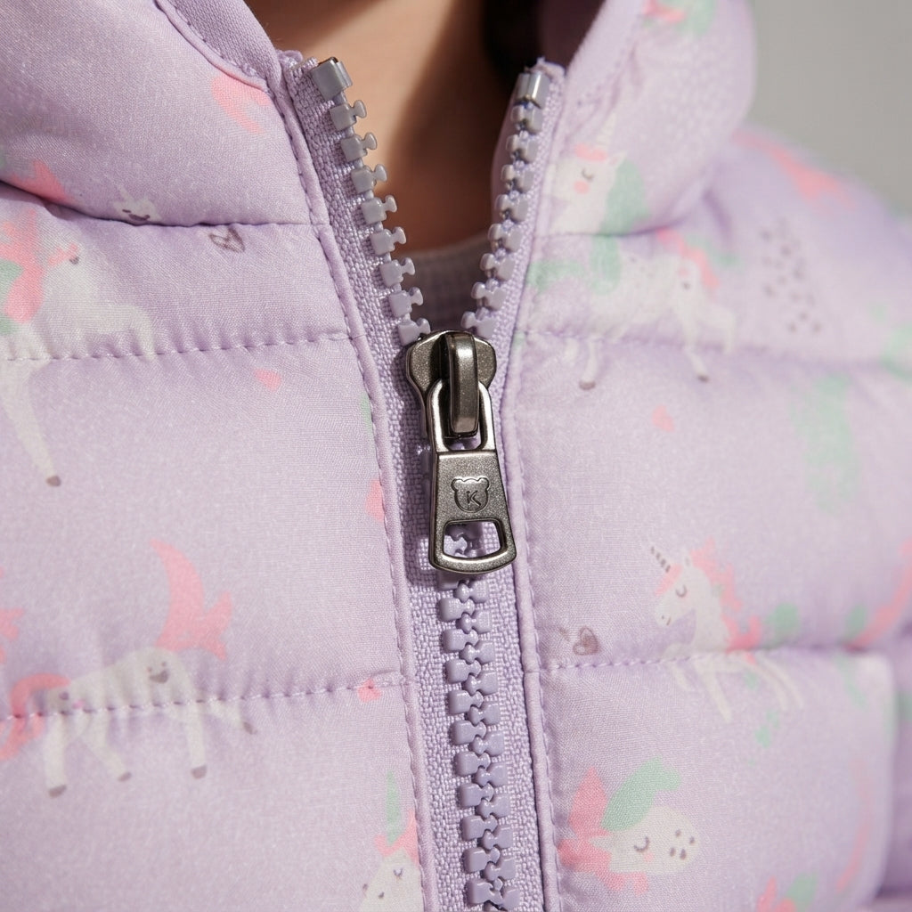 Detalle de cremallera en chaqueta acolchada EmpiBy color lila con estampado de unicornios mágicos y tonos pastel
