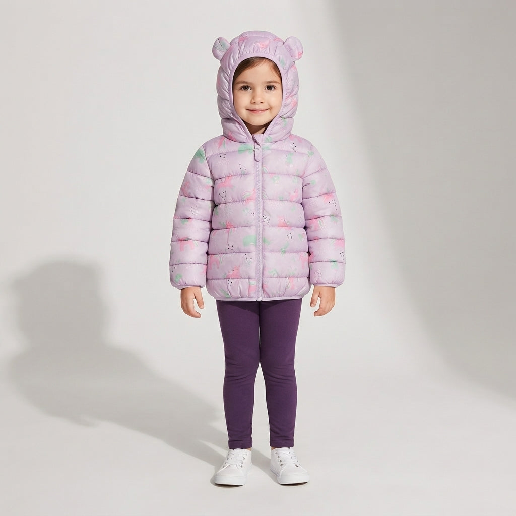 Niña vistiendo chaqueta acolchada EmpiBy Unicornio Mágico en tonos pastel con capucha de orejas