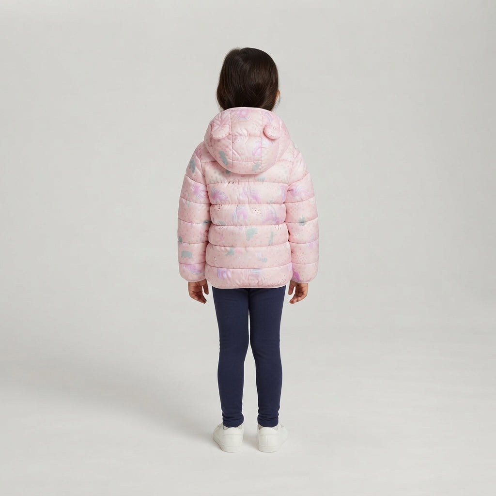 Vista trasera de niña con chaqueta acolchada EmpiBy rosa con estampado de unicornios y capucha con orejitas