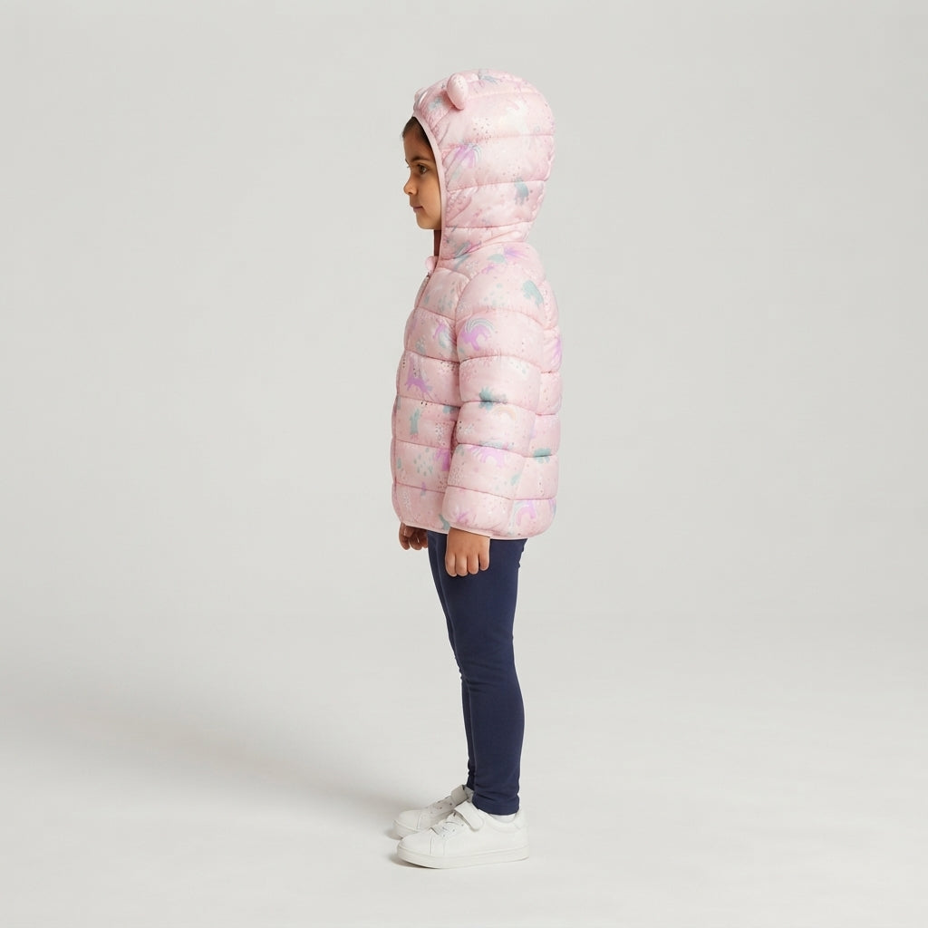 Niña vistiendo chaqueta acolchada EmpiBy con estampado de unicornios mágicos, tonos pastel y capucha, vista lateral