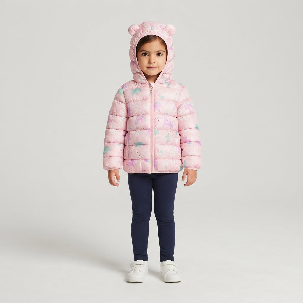 Niña vistiendo chaqueta acolchada EmpiBy rosa con estampado de unicornios y capucha con orejitas