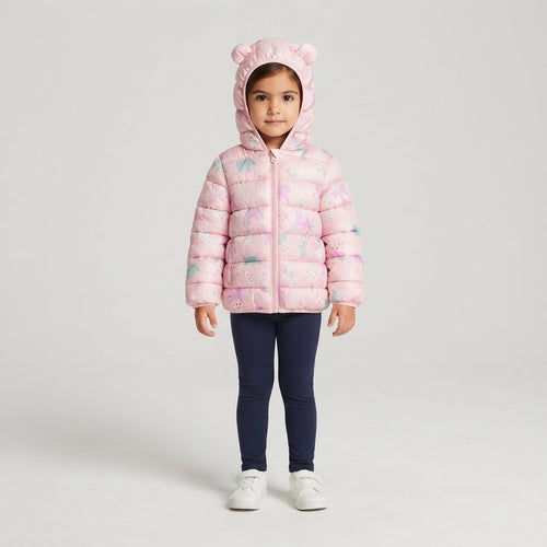 Niña vistiendo chaqueta acolchada EmpiBy rosa con estampado de unicornios y capucha con orejitas