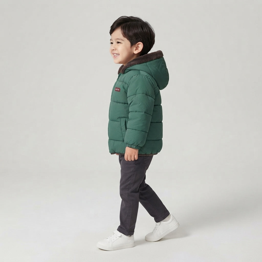 Niño vistiendo chaqueta acolchada verde EmpiBy con capucha y forro interior, ideal para invierno