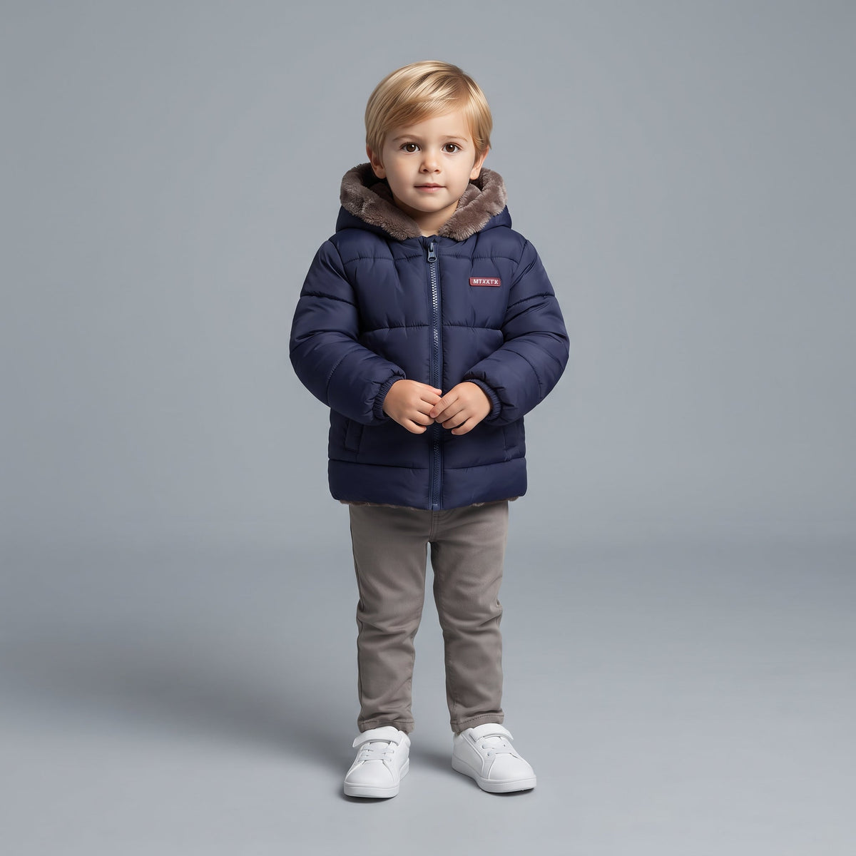 Niño pequeño vistiendo chaqueta azul marino EmpiBy con capucha de piel sintética y diseño acolchado cálido