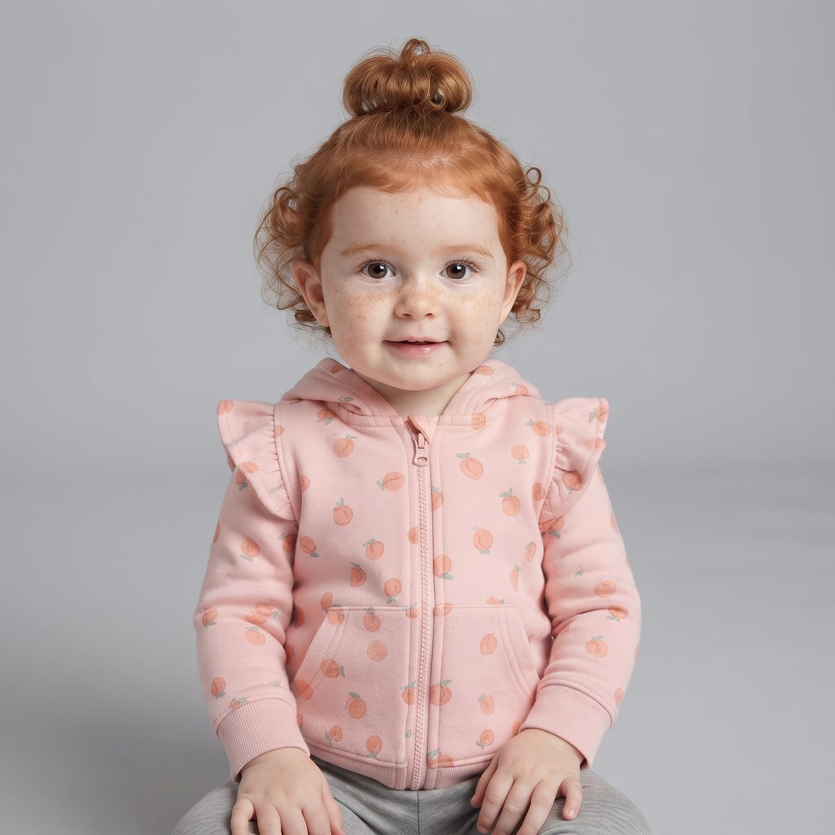 Bebé niña con pelo rizado pelirrojo vistiendo chaqueta rosa con estampado de melocotones de EmpiBy