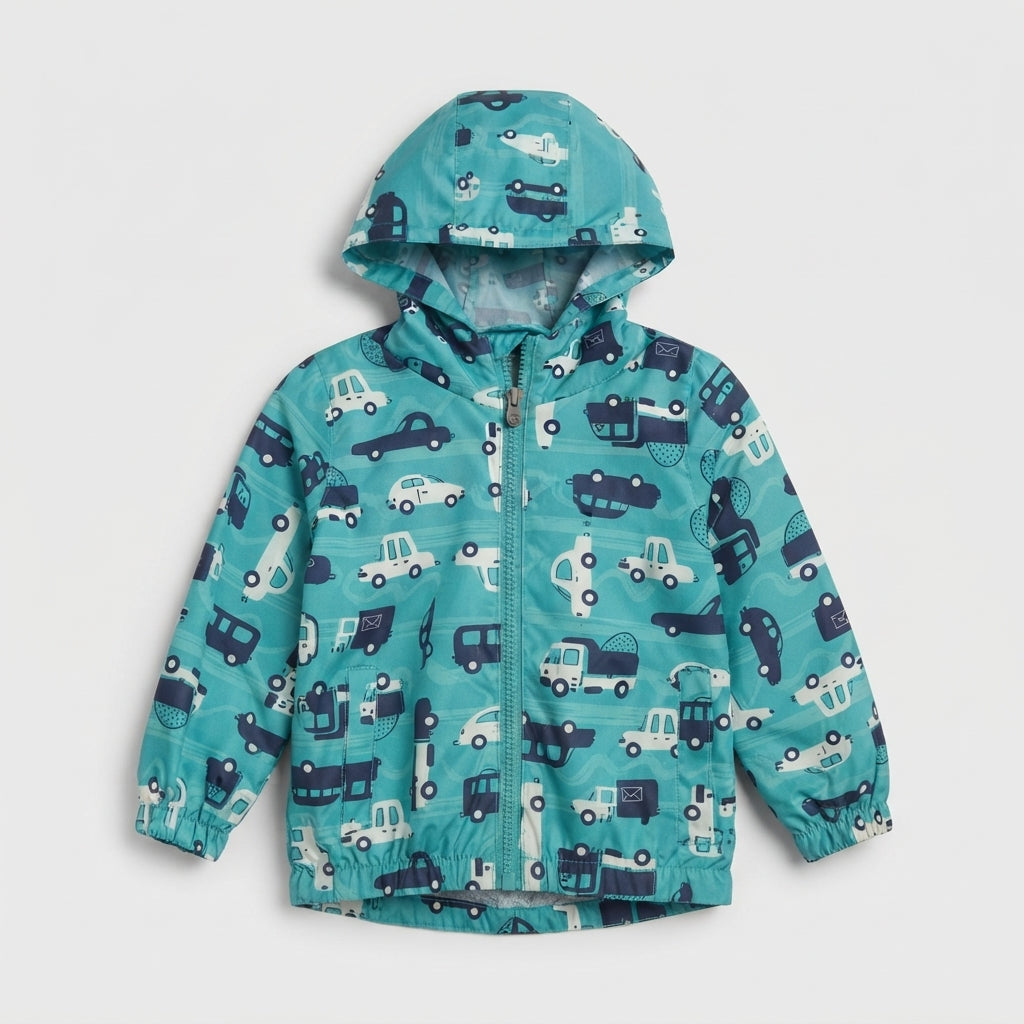 Chaqueta cortavientos EmpiBy azul con estampado de carros de carrera, capucha y cierre frontal para niños