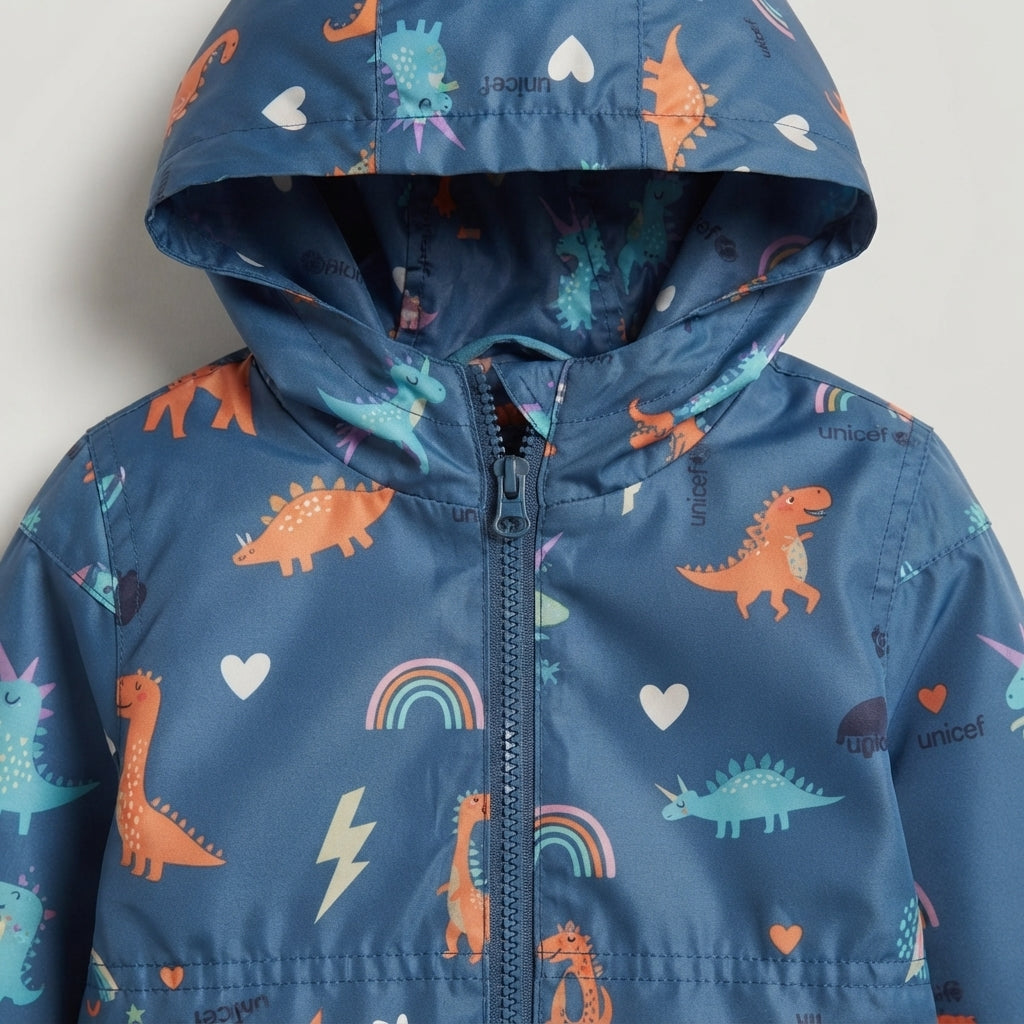 Chaqueta impermeable EmpiBy azul con estampado de dinosaurios, arcoíris y rayos, incluye capucha integrada.