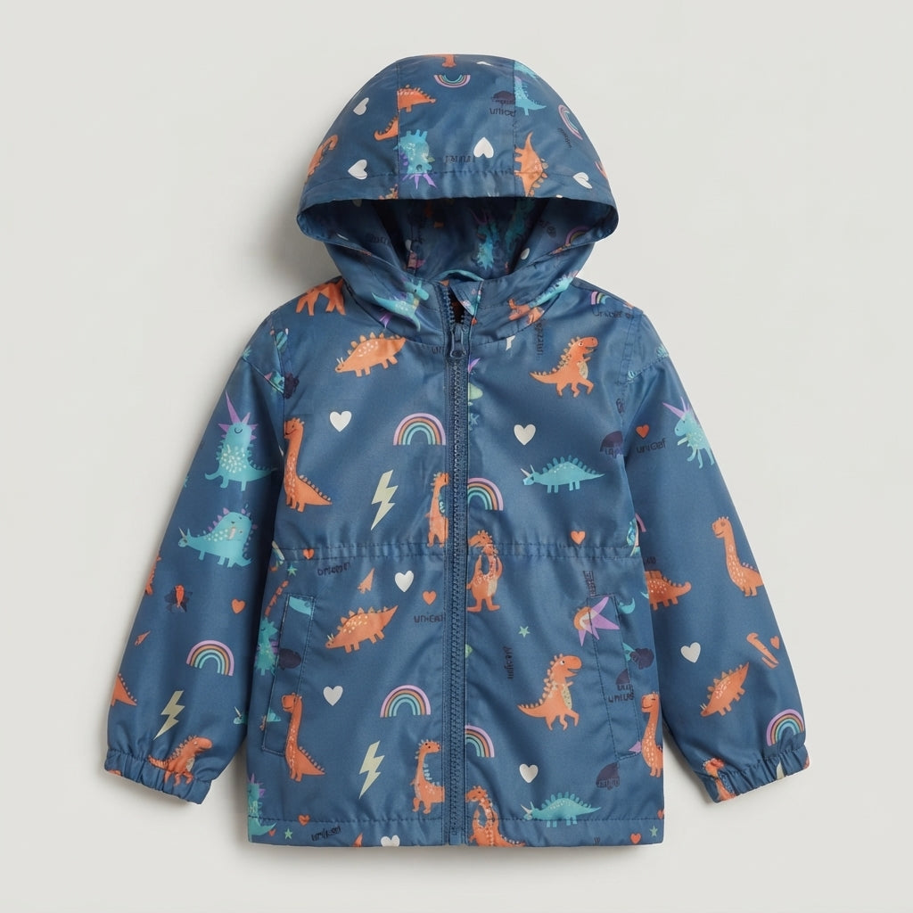 Chaqueta impermeable azul EmpiBy con estampado de dinosaurios coloridos, rayos y arcoíris, incluye capucha integrada.