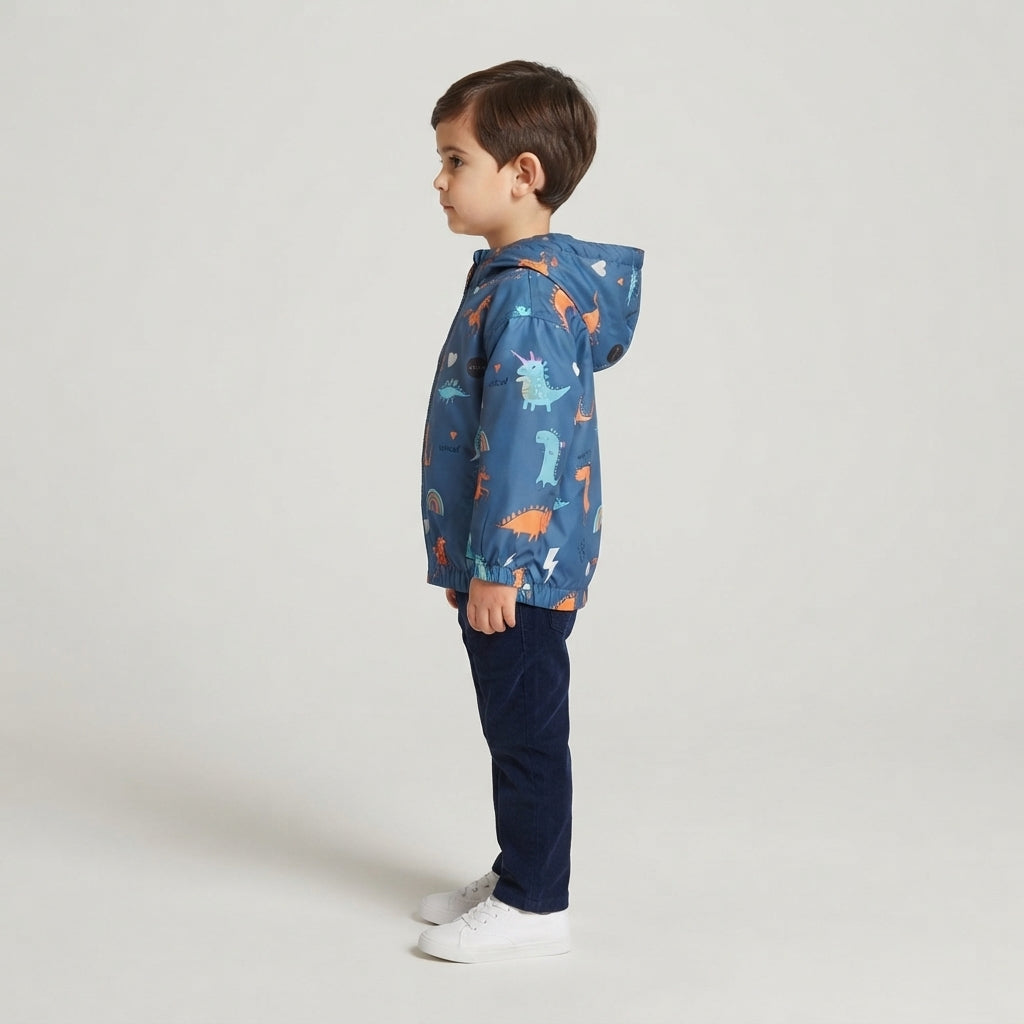 Niño vistiendo chaqueta impermeable azul EmpiBy con estampado de dinosaurios coloridos y capucha integrada