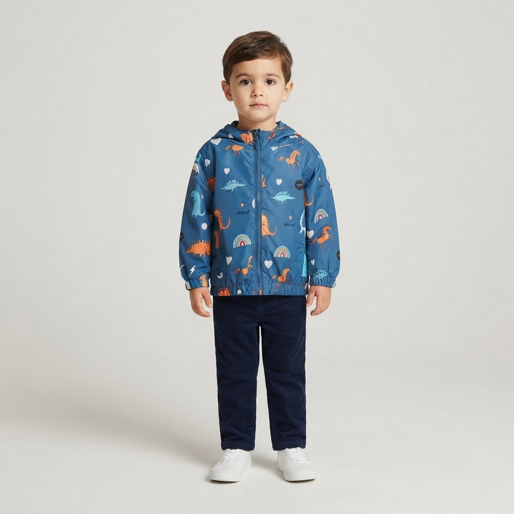 Niño vistiendo chaqueta impermeable azul EmpiBy con estampado de dinosaurios, arcoíris y corazones, con capucha.
