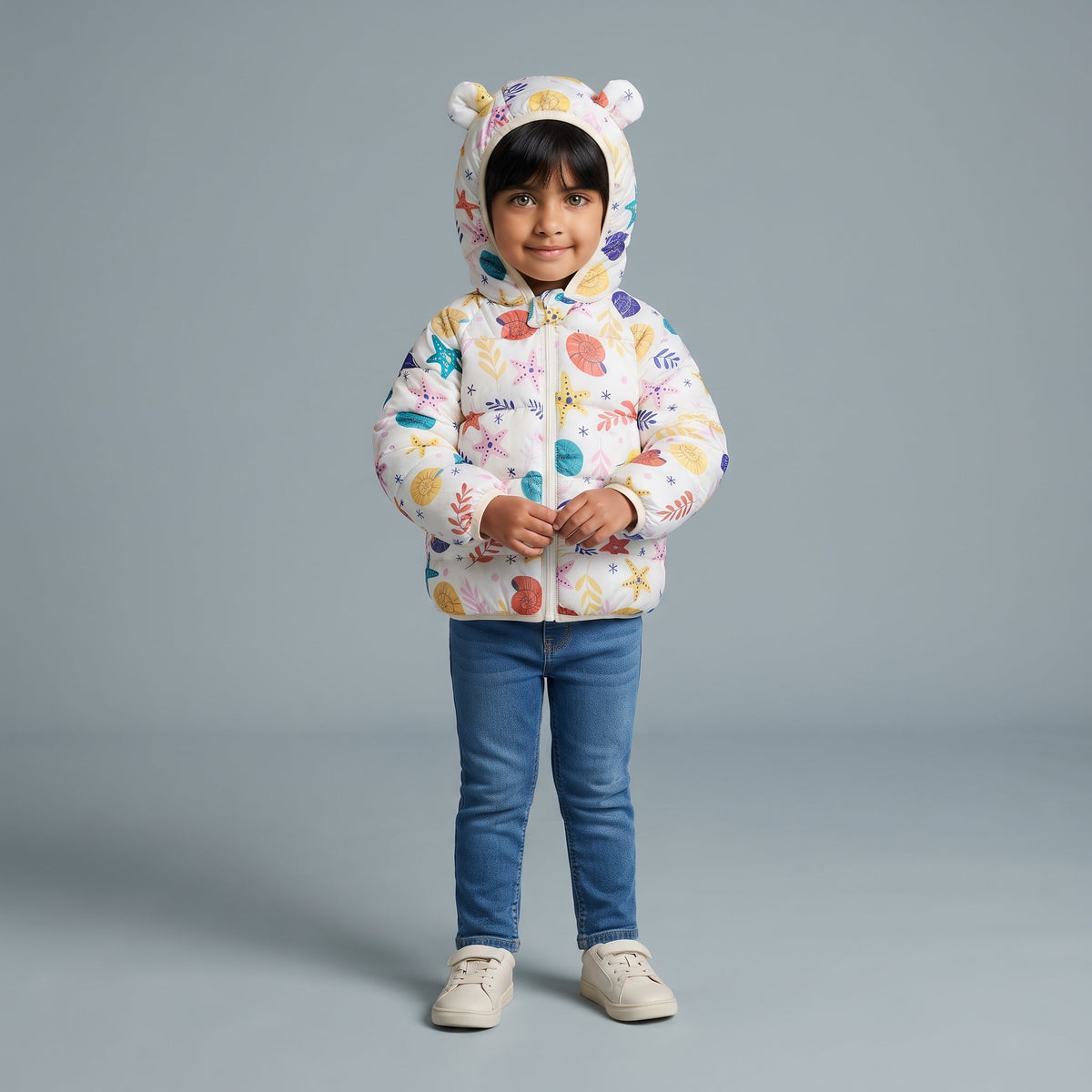 Niña vistiendo chaqueta acolchada EmpiBy con estampado marino y capucha con orejitas sobre fondo gris