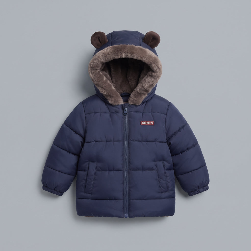 Chaqueta acolchada azul marino EmpiBy con capucha de osito, forro de piel sintética y cierre de cremallera frontal.