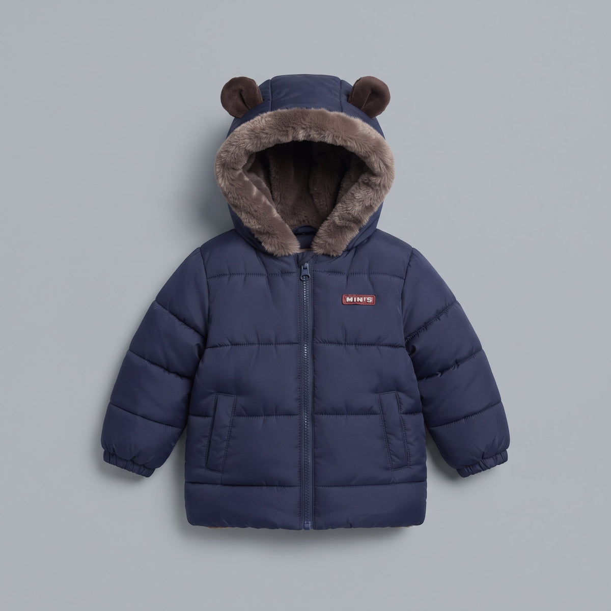 Chaqueta acolchada azul marino EmpiBy con capucha de osito, forro de piel sintética y cierre de cremallera frontal.