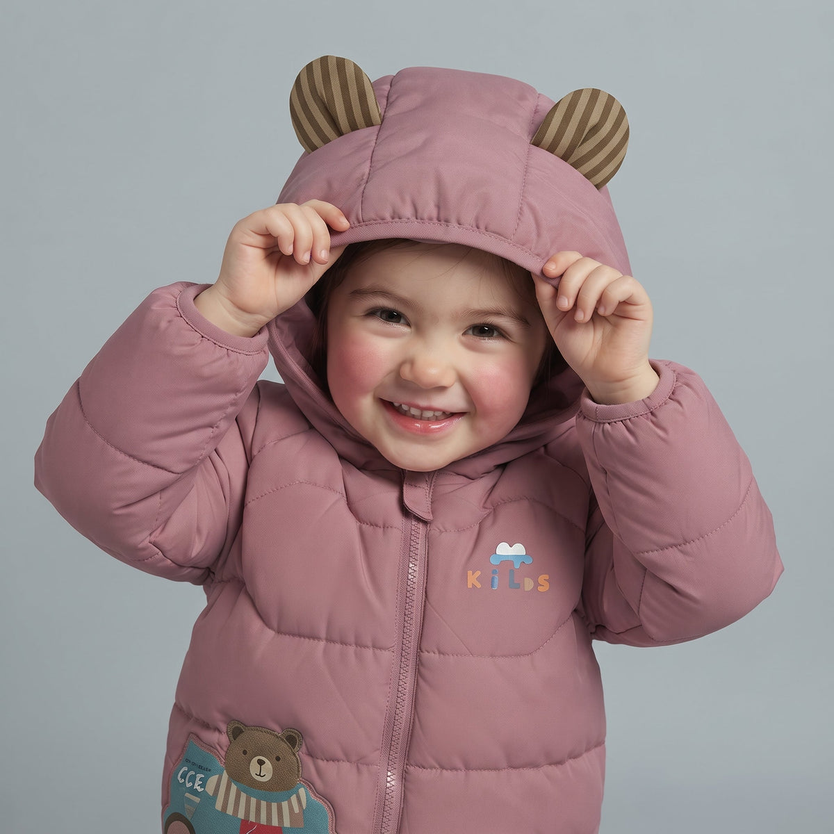 Niña sonriente vistiendo chaqueta térmica EmpiBy color rosa con capucha de orejas de osito y detalles bordados
