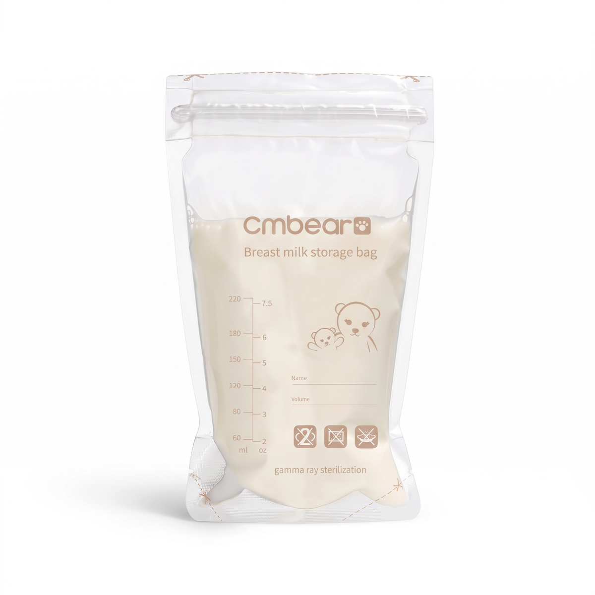 Bolsa de almacenamiento de leche materna Cmbear de EmpiBy con cierre hermético, escala de medición y zona de escritura.