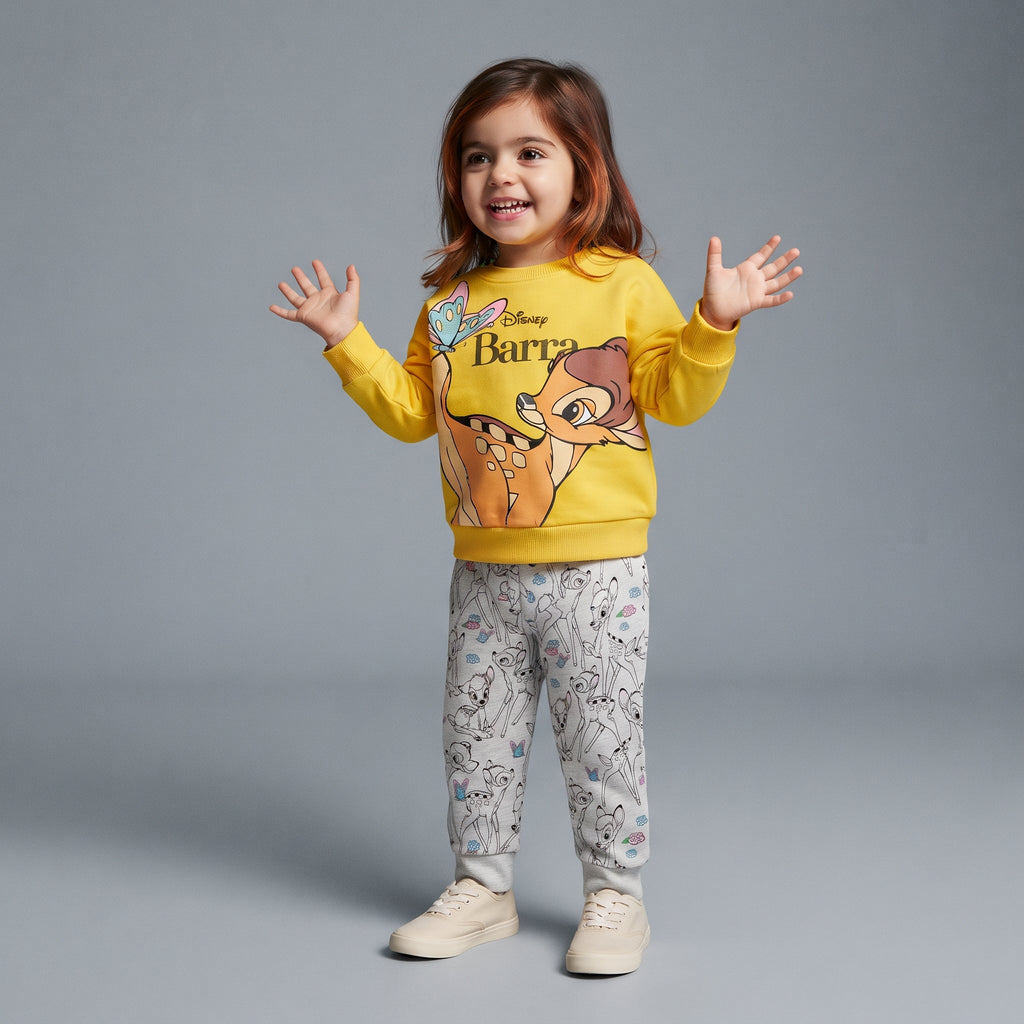 Niña pequeña vistiendo conjunto EmpiBy de sudadera amarilla con estampado de Bambi y pantalón jogger gris estampado.