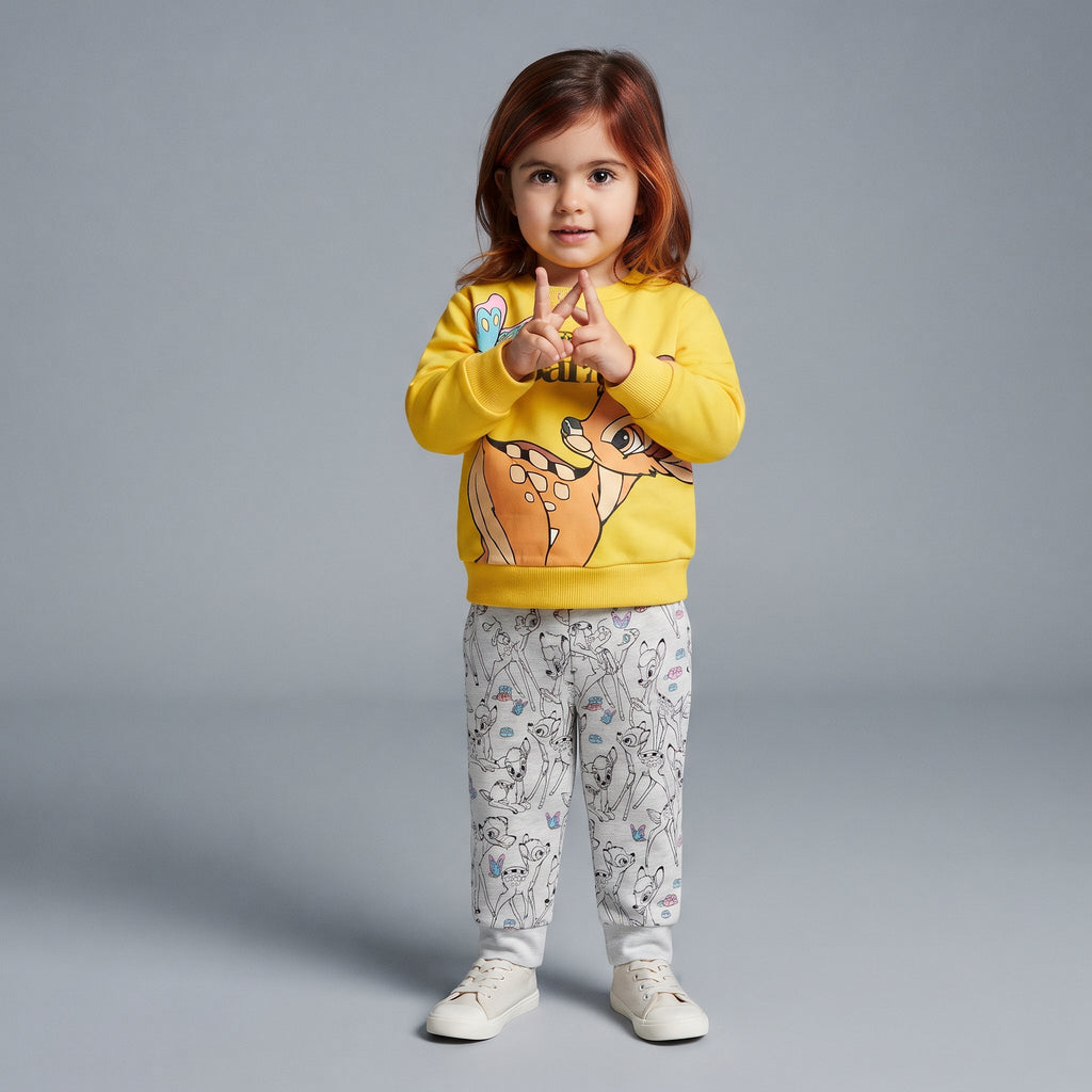 Niña vistiendo conjunto EmpiBy de dos piezas con sudadera amarilla de Bambi y pantalón jogger gris estampado