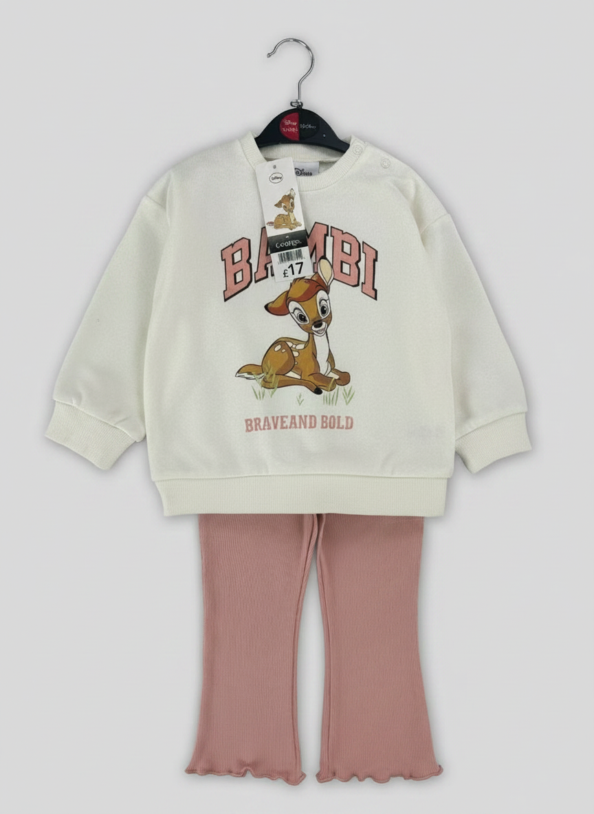Conjunto EmpiBy de sudadera color crema con estampado de Bambi y leggings acanalados rosa viejo con bajo ondulado.