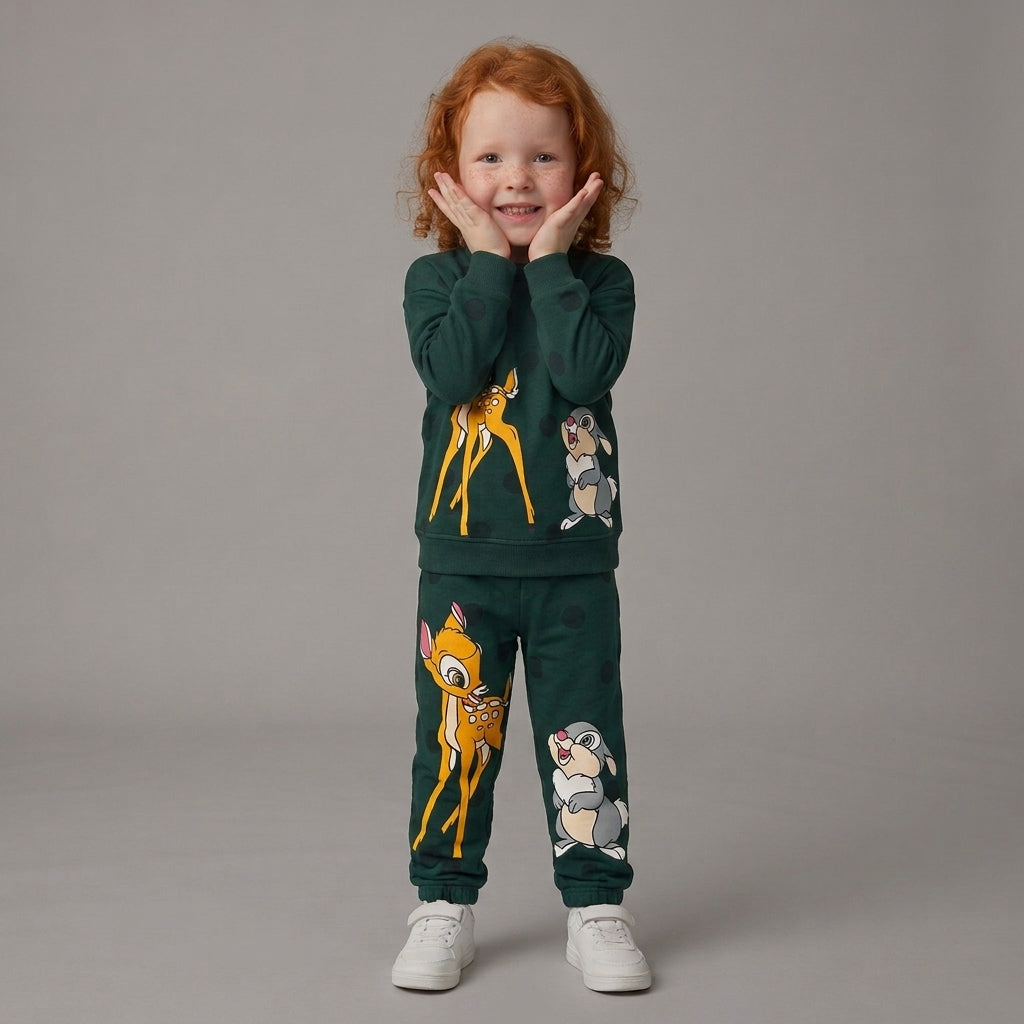 Niña con conjunto EmpiBy de sudadera y pantalón verde oscuro con estampado de Bambi y Tambor en tela suave