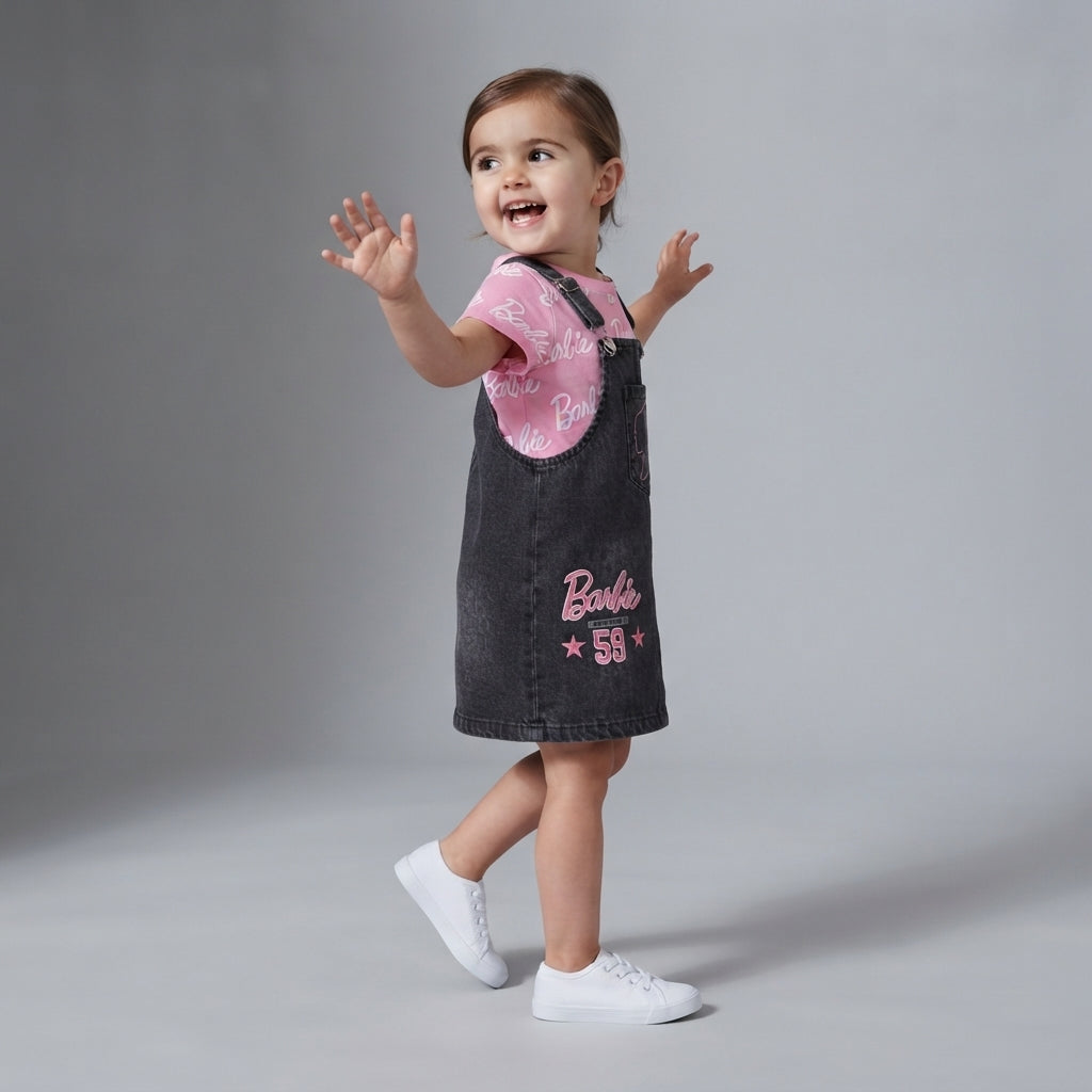 Niña pequeña vistiendo conjunto EmpiBy de Barbie con vestido jardinera de mezclilla oscuro y camiseta rosa estampada