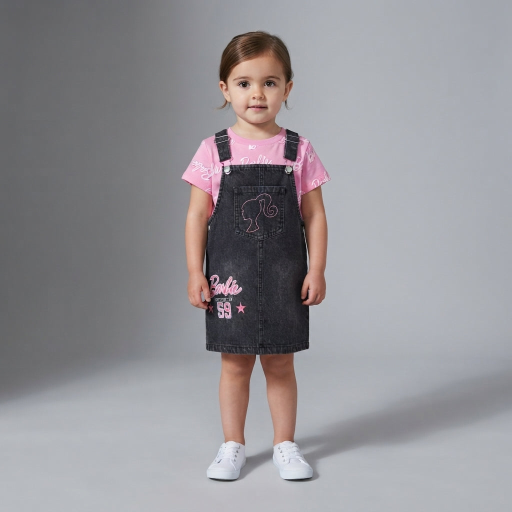 Niña pequeña vistiendo conjunto EmpiBy de Barbie con vestido jardinera de mezclilla oscuro y camiseta rosa estampada