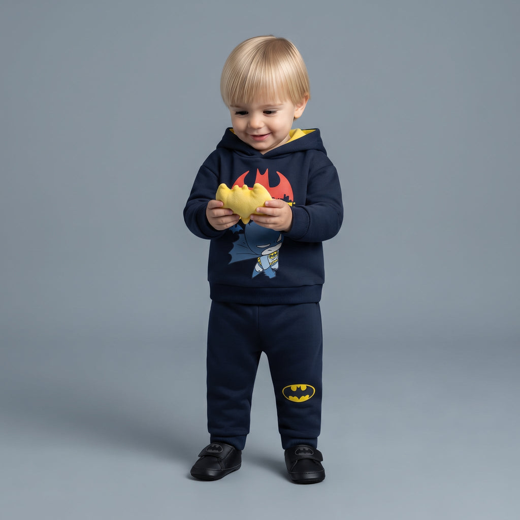 Niño pequeño con conjunto EmpiBy de Batman azul marino, sudadera con capucha amarilla y pantalón jogger cómodo.