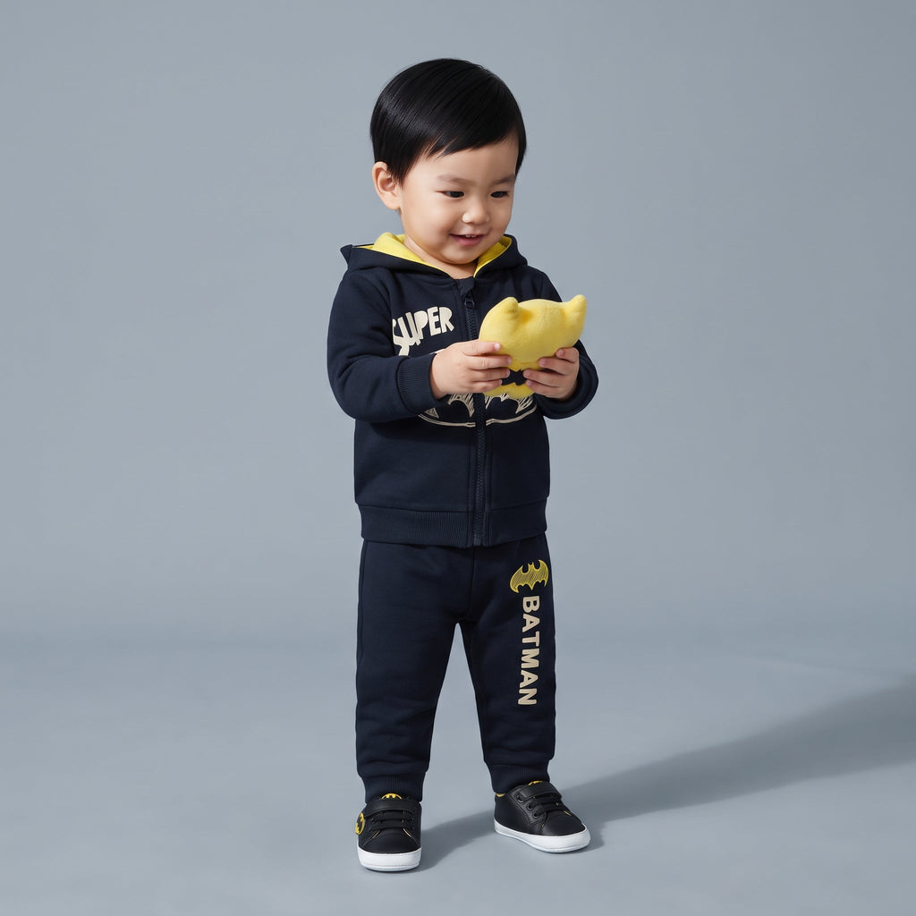 Niño pequeño con conjunto EmpiBy de Batman en azul marino, sudadera con capucha y orejas, y pantalón jogger amarillo.