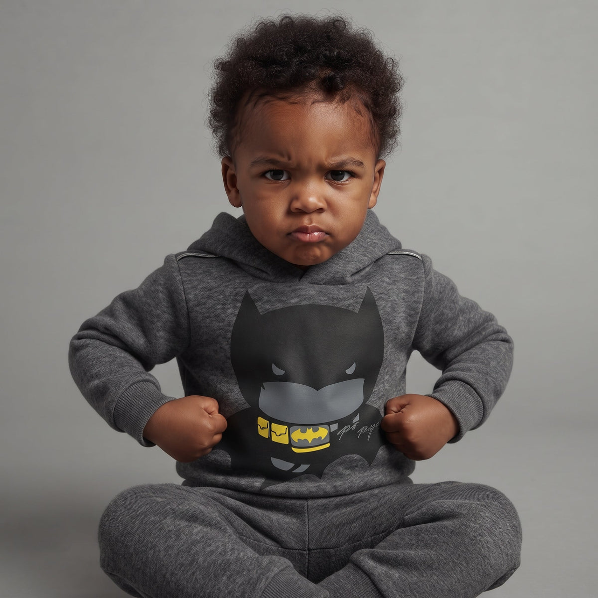 Bebé con conjunto EmpiBy de dos piezas gris de Batman, sudadera con capucha y pantalón jogger suave y cómodo.
