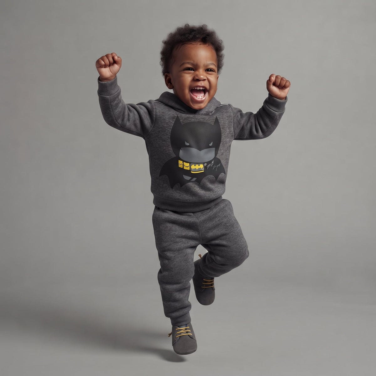 Bebé feliz saltando con conjunto EmpiBy de sudadera y jogger gris de Batman con detalles en amarillo y negro