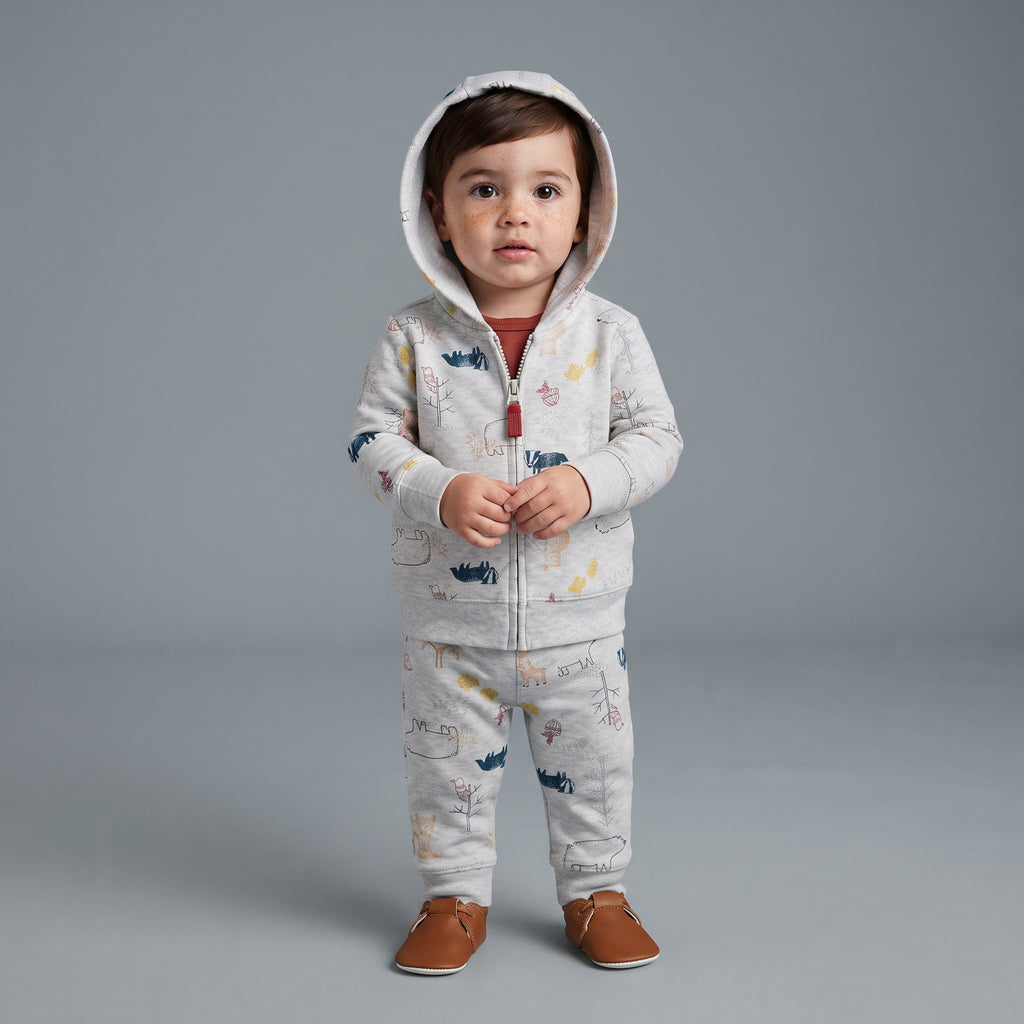 Bebé con conjunto EmpiBy de 3 piezas: chaqueta con capucha gris, pantalón estampado de animales y body terracota.