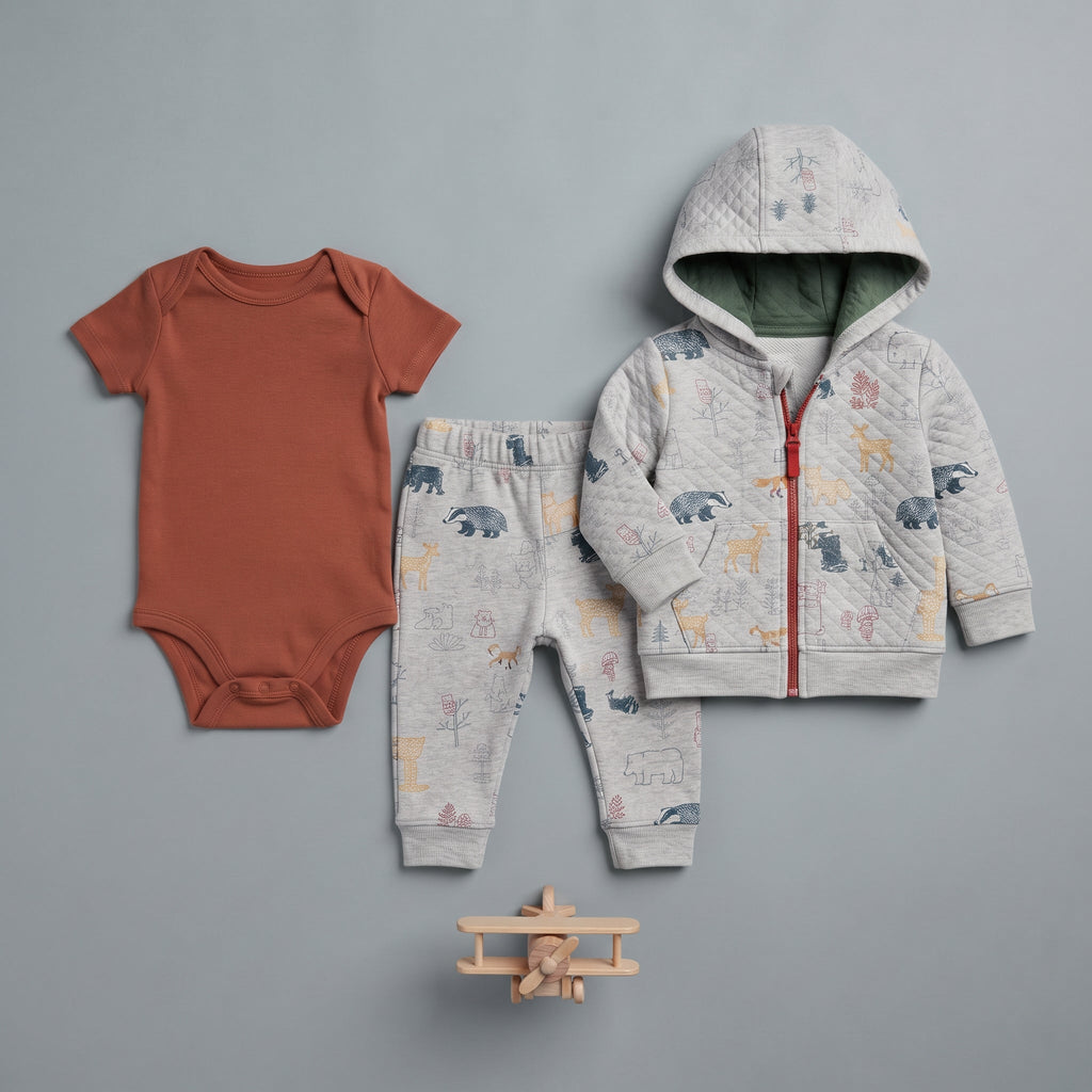 Conjunto EmpiBy de 3 piezas para bebé: body terracota, chaqueta con capucha y pantalón estampado de animales del bosque.