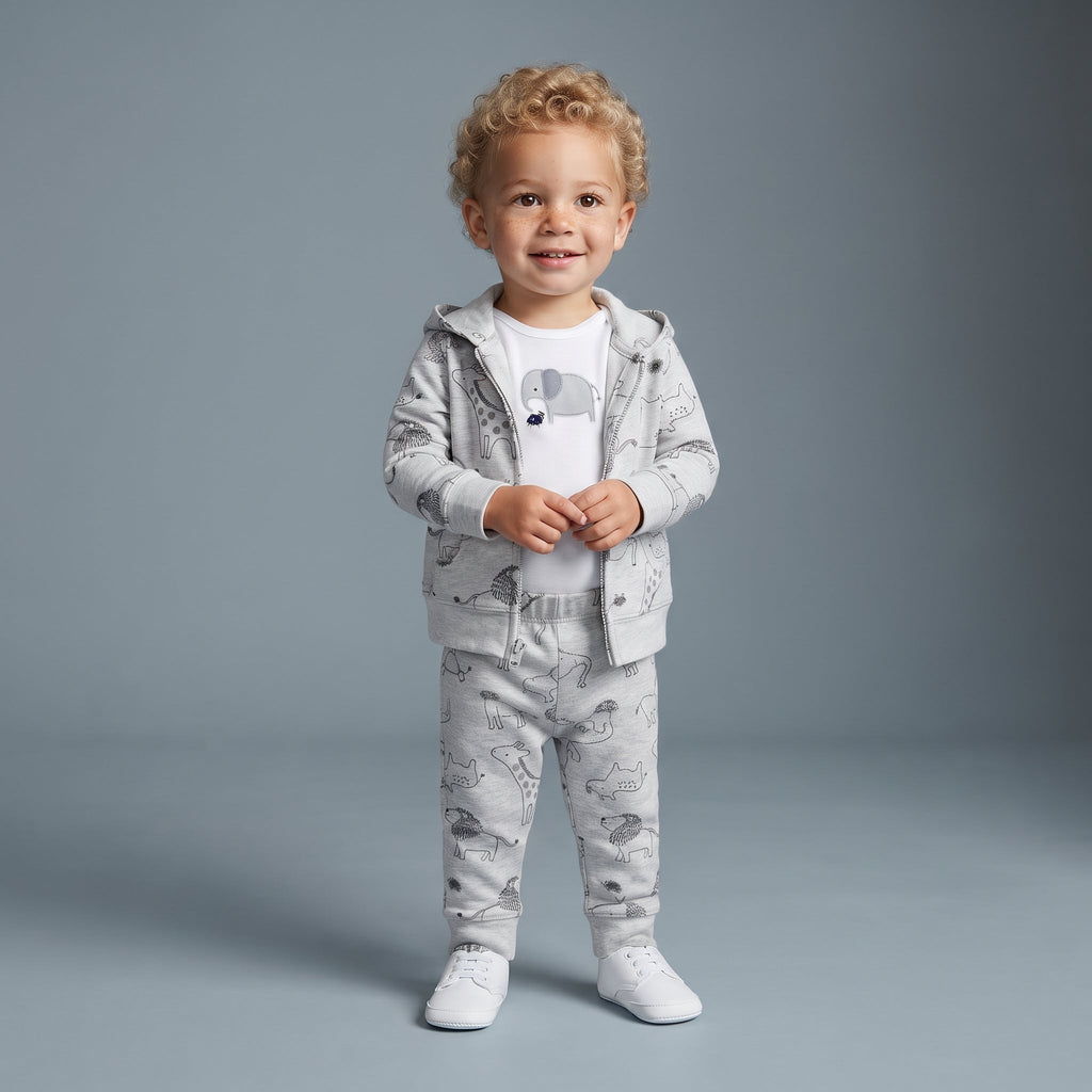 Niño pequeño con conjunto EmpiBy de 3 piezas gris con estampado de animales, chaqueta con capucha y body de elefante