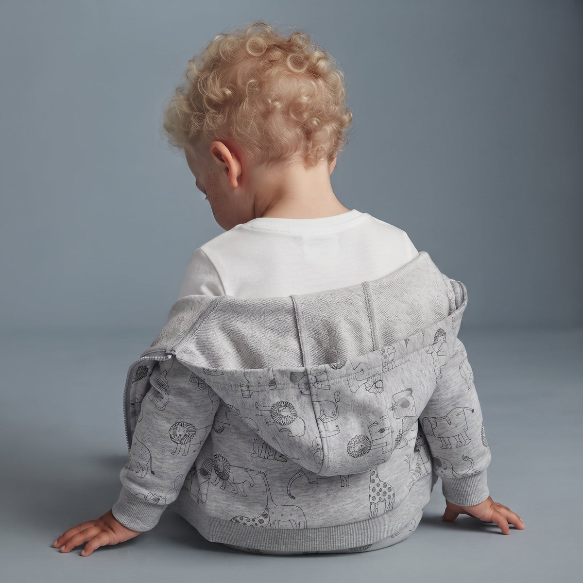 Bebé con conjunto EmpiBy de 3 piezas: chaqueta gris con capucha y estampado de animales, sobre body blanco.