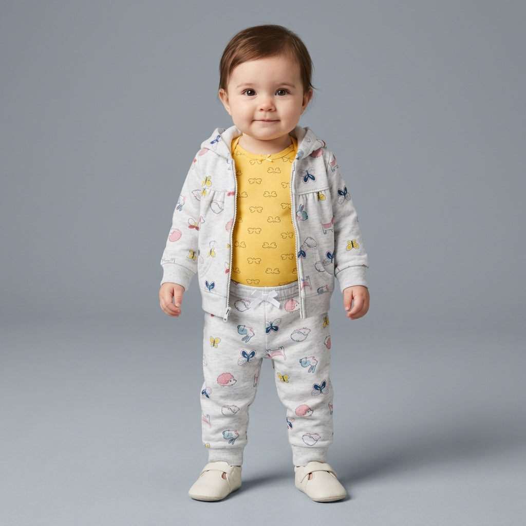 Bebé con conjunto EmpiBy de 3 piezas: chaqueta y jogger gris con estampado de animalitos y body amarillo mostaza