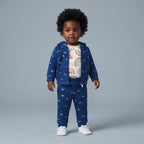 Conjunto EmpiBy de 3 piezas para bebé niña con estampado de arcoíris, chaqueta azul con capucha, body y pantalón.