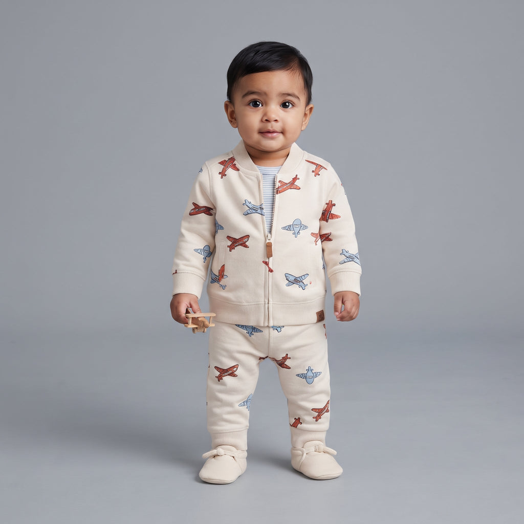 Bebé con conjunto EmpiBy de 3 piezas: chaqueta y pantalón marfil con aviones, y body a rayas, estilo cómodo y tierno.